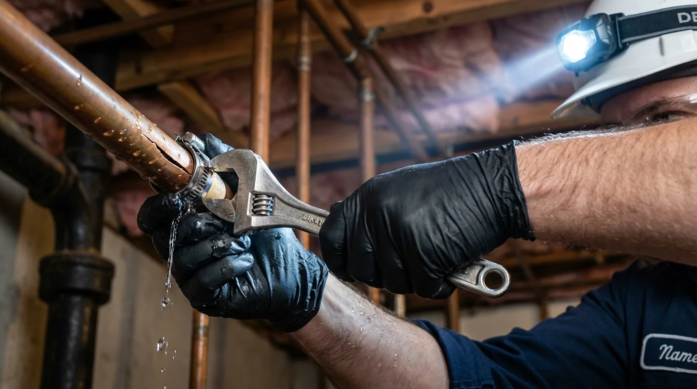 Emergency pipe clamp repair being performed by a Johns Plumbing LLC plumber in Social Circle
