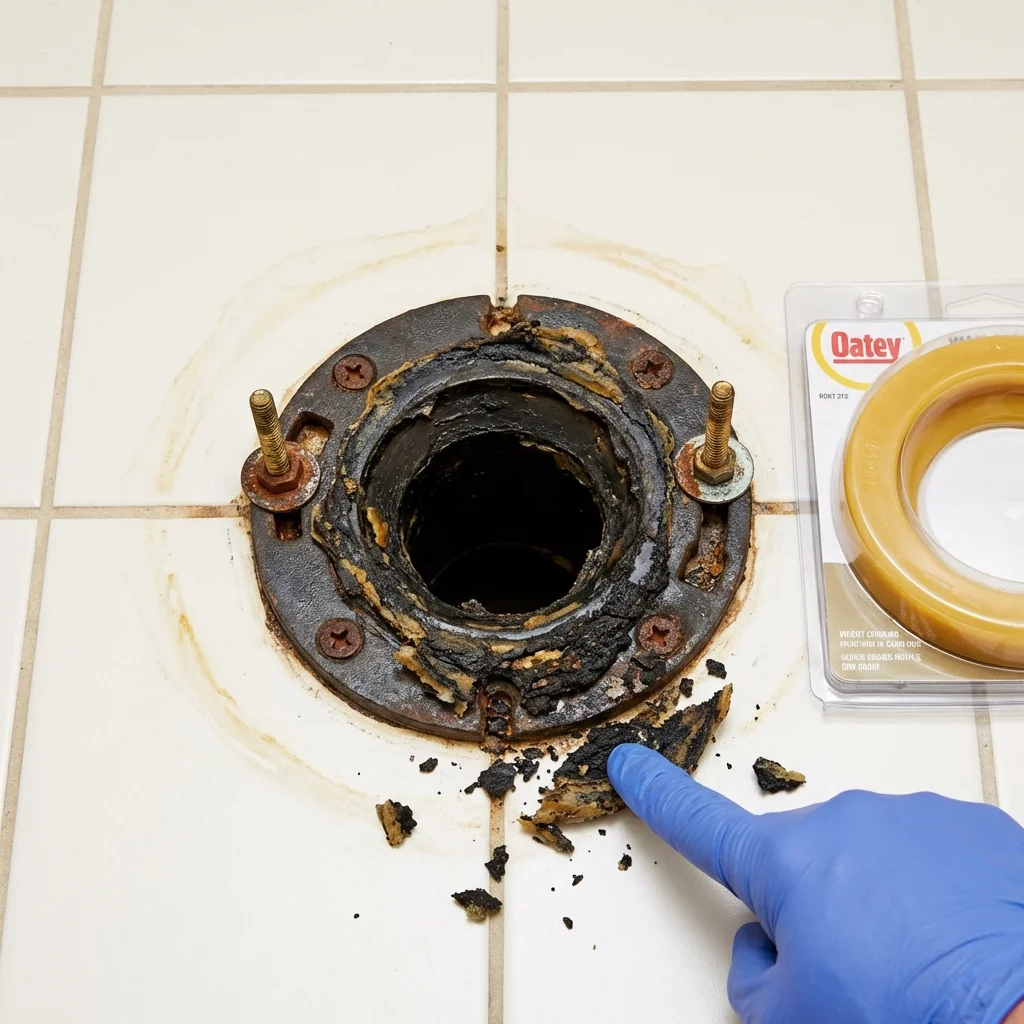 Failed wax ring showing water seepage at the base of a toilet in a Social Circle, GA home