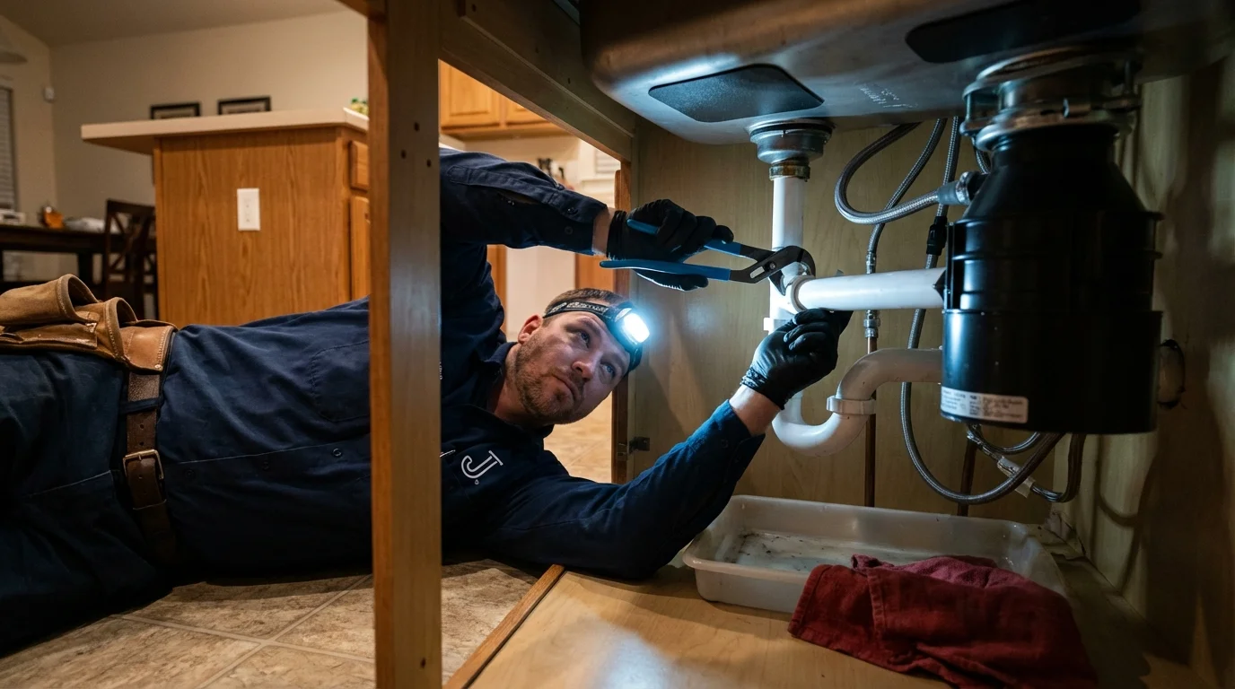 P-trap and supply line connections under a kitchen sink showing a common leak point in Social Circle, GA